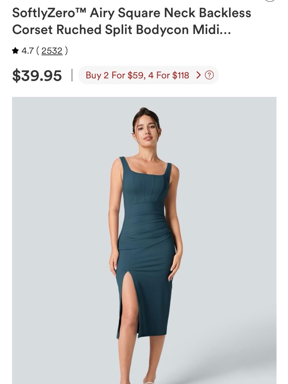 HALARA Teal Square Neck Backless Corset Ruched Split Midi Dress